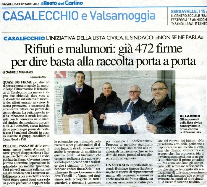 472 firme per dire Basta alla raccolta porta a porta ça lista civica presenta le firme raccolte